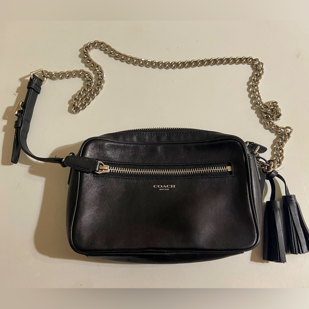 Barely used Coach leather shoulder bag. Black with metal chain strap.